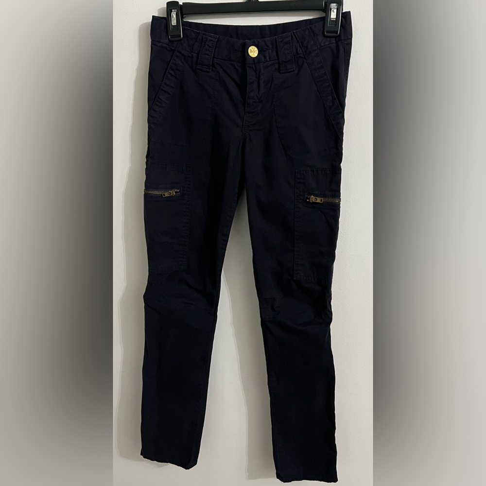 Tory Burch Black Cargo Pants with Metallic Zipper Accents